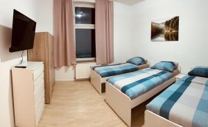 a room with two beds and a tv and windows at Gelsenkirchen, 2-Zimmer Wohnung , 6 Person in Gelsenkirchen