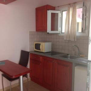 a kitchen with a sink and a microwave at Niki Sunrise Apartments in Gastourion