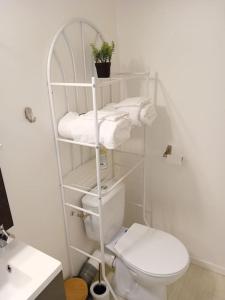 een witte badkamer met een toilet en een wastafel bij Studio Chavigny avec wifi in Chavigny