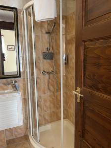 y baño con ducha y puerta de cristal. en Villa Sagan en Zamárdi