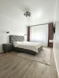 拉姆尼庫沃爾恰的住宿－Apartament central 2 camere，一间卧室设有一张大床和一个窗户。