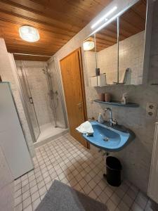 y baño con lavabo azul y ducha. en Fagererhof, en Bad Reichenhall