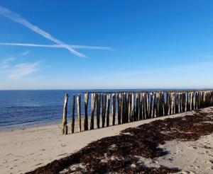 una recinzione in legno sulla spiaggia vicino all'oceano di Celtine a Tréffiagat