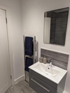 ein Badezimmer mit einem weißen Waschbecken und einem Spiegel in der Unterkunft Fernworthy in Okehampton