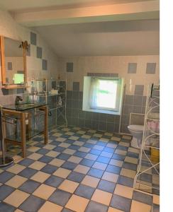 a bathroom with a blue and white checkered floor at Le moulin 