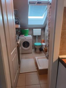 une petite salle de bains avec un lave-linge et des toilettes. dans l'établissement Apartment for EXIT FESTIVAL, à Novi Sad
