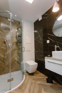 a bathroom with a shower and a toilet and a sink at Hotel Kosmowski in Września