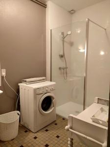 uma máquina de lavar roupa na casa de banho com um chuveiro em Le gite andre dhotel 