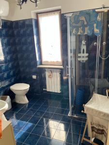 a blue tiled bathroom with a shower and a toilet at Casa Graziana in Terni