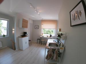 a kitchen and living room with a sink and a table at Lapegle in Alūksne