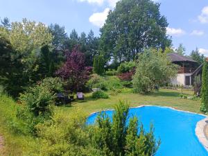 a swimming pool in the yard of a house at Domek drewniany Wiakówka in Kazimierz Dolny