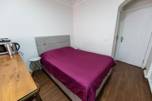 ein Schlafzimmer mit einem Bett mit einer lila Decke in der Unterkunft 1st FLOOR STUDIO in TAKSİM NEAR İSTİKLAL STREET in Istanbul