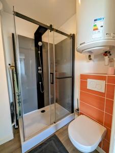 La salle de bains est pourvue d'une douche et de toilettes. dans l'établissement Concept Appar't Hôtel - 201, à Saint-Brieuc