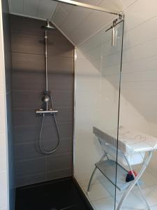 eine Dusche mit Glastür im Bad in der Unterkunft La presle in Malandry