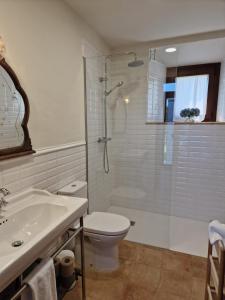 uma casa de banho com um chuveiro, um WC e um lavatório. em Turisme Rural Mas Vilà em La Bisbal