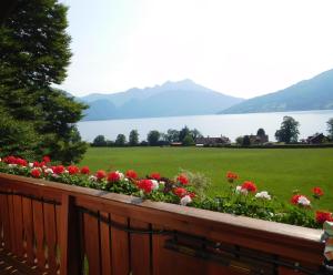 a garden on a fence with a view of a lake at Haus Bader in Steinbach am Attersee