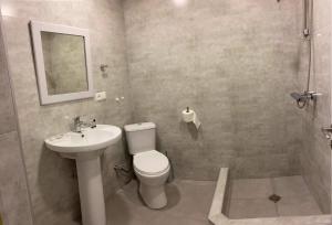 un bagno con wc, lavandino e doccia di Nina a Borjomi