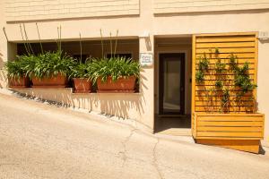 a building with potted plants on the side of it at Resilienza Tropical Apartments & Room in Porto SantʼElpidio