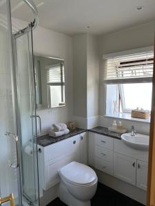 ein Bad mit einem WC, einem Waschbecken und einer Dusche in der Unterkunft Gleneagles Holiday Home Rental in Auchterarder