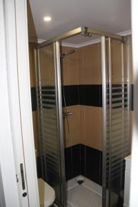 a bathroom with a glass shower with a toilet at Casa do Rio in Treixedo