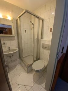 a bathroom with a shower and a toilet and a sink at Hotel Restaurant Blumenhof in Baesweiler