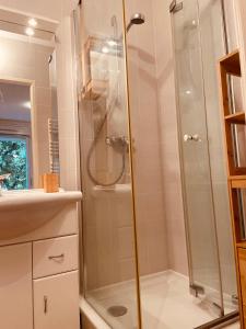 a shower with a glass door in a bathroom at Chez Louis de Uzès in Uzès +13 photos