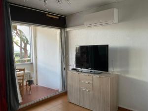 soggiorno con TV a schermo piatto e mobile in legno di les caravelles plage sud a Le Grau-du-Roi