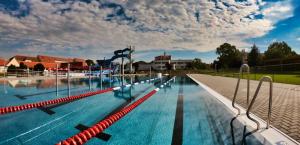 een groot zwembad met blauw water bij Palm Garden Apartment 1 in Mikulov