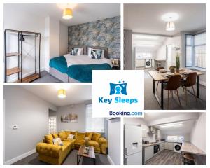 eine Collage mit vier Fotos von einem Schlafzimmer und einem Zimmer in der Unterkunft Modern & Beach Location & Contractors & Leisure & Garden in Grimsby