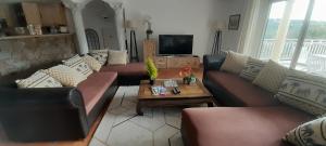 ein Wohnzimmer mit Sofas und einem Couchtisch in der Unterkunft Villa Romana in La Garonnette-Plage