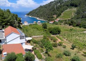 an aerial view of a house on a hill next to a lake at Stiniva Bay - Hvar Villa in Brusje
