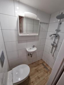 La salle de bains blanche est pourvue de toilettes et d'un lavabo. dans l'établissement Domek na uboczu, studio z tarasem, à Cracovie