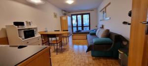 Il dispose d'une cuisine et d'un salon avec un canapé et une table. dans l'établissement Apartma Luka with private parking, à Izola