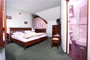 sypialnia z łóżkiem, umywalką i wanną w obiekcie Pension Brasovu Vechi w Braszowie