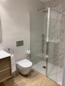 a bathroom with a toilet and a glass shower at NUEVO Loylla Niembro a 500 m de la playa in Niembro +29 photos