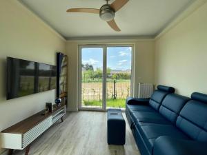 a living room with a blue couch and a large window at Gdańsk Venice AMB - Wyspa Sobieszewska in Gdańsk