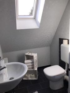 een badkamer met een wastafel, een toilet en een raam bij Kathrin, Ferienwohnung in Schneverdingen