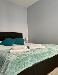 a bed with two towels on top of it at Appartement Les 7 Roses in Vitry-le-François