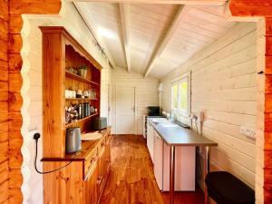 a kitchen with a counter and a table in a cabin at Willow Lodge in Buckhorn Weston