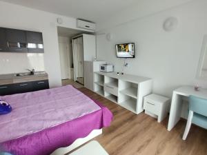 1 dormitorio con cama morada y escritorio en Blaxy Resort STEFI en Douăzeci şi Trei August