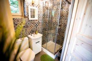 a bathroom with a shower and a toilet and a sink at Domek Między Wodą in Międzywodzie