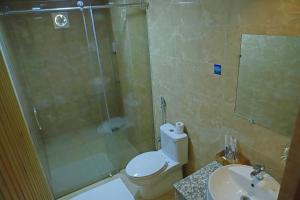 a bathroom with a shower and a toilet and a sink at Cholay Khangzang in Thimphu +14 photos