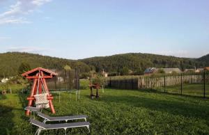 a yard with a swing set in the grass at Casa Brănescu in Acriş