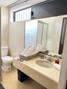 a bathroom with a sink and a toilet and a mirror at Rosa1B in Mexico City