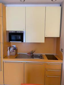 a kitchen with a sink and a microwave at Tristan casa vacanze a Roma in Casal Palocco