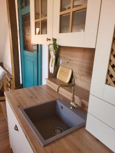 a kitchen with a sink and a blue door at ROOF APARTMENT ZTRACENA in Olomouc