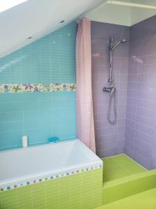 a bathroom with a tub and a shower with purple and green tiles at Apartament w Gdańsku Brzeźnie in Gdańsk