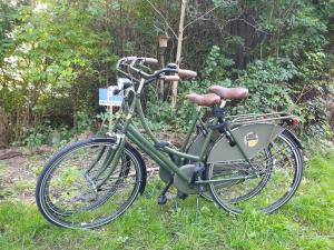 a green bike is parked in the grass at GuestHouse Amsterdam "City Farmer" lodge with a skyline view in the countryside in Amsterdam