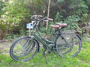 a green bike is parked in the grass at City Farmers Lodge, a Guesthouse with a skyline view in Rural Amsterdam in Amsterdam