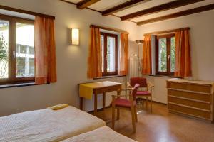 - une chambre avec 2 lits, un bureau et une table dans l'établissement Parkhotel Emmaus - Casa Rustico, à Ascona